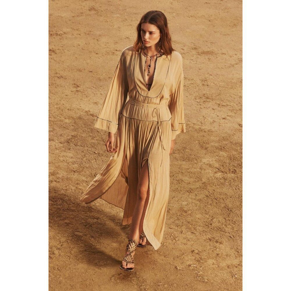 Zara Women Maxi Dress S Small Tan Brown V-Neck Limited Edition 2289/759 NWT
